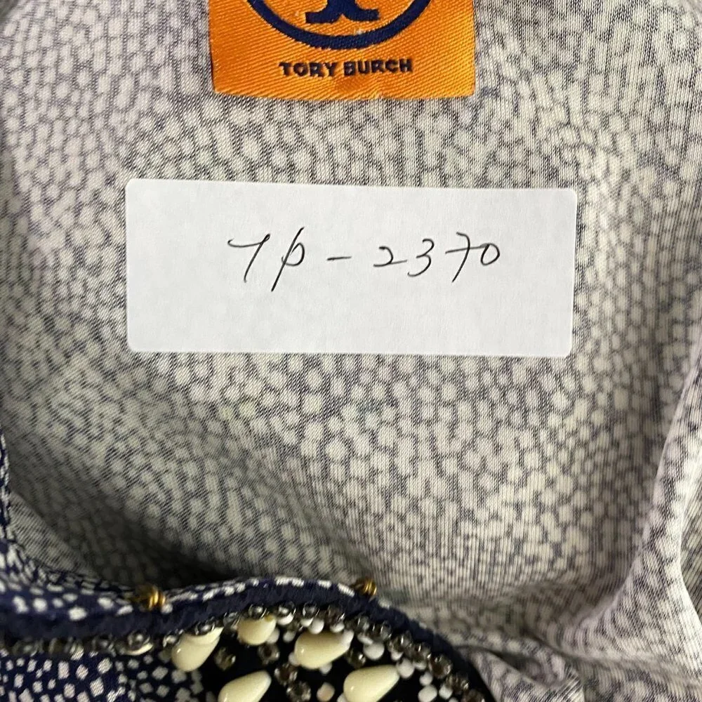 Tory Burch Top Womens Small Silk Beaded Neck Printed‎ 3/4 Sleeve TP-2370